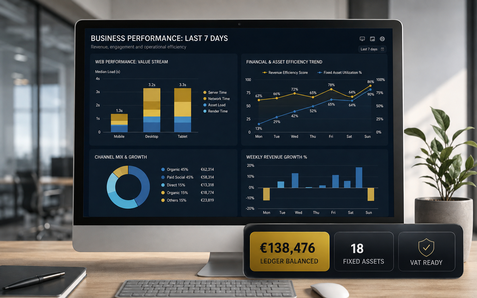 SacsOps business-performance dashboard — revenue, asset efficiency, ledger balanced, VAT ready